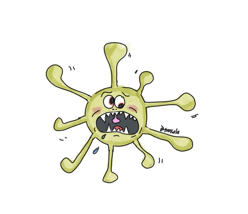 cartoon image of a virus molecule, meant to convey the COVID-19 virus
