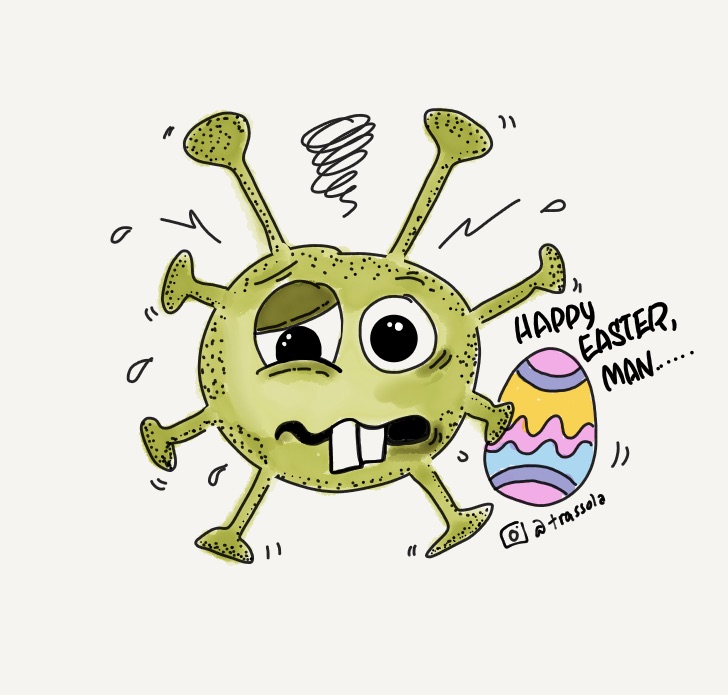 cartoon image of a virus looking stressed out holding an easter egg