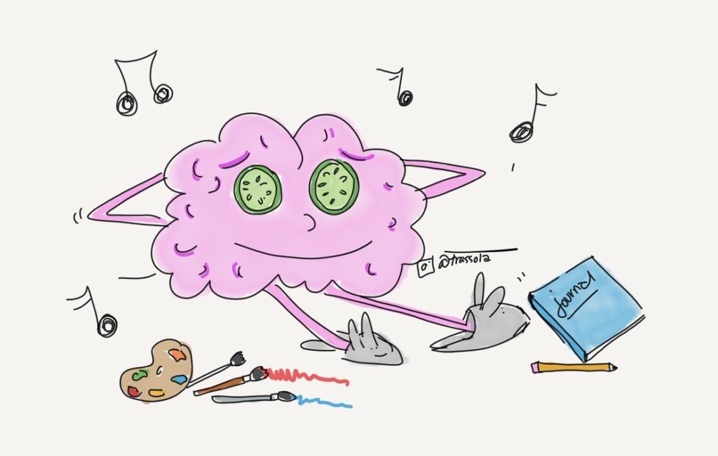 cartoon image of a brain relaxing with cucumber slices on its eyes and surrounded by music notes, a journal, and paintbrushes