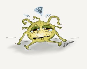 cartoon image of a tired looking virus