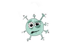 cartoon image of a virus looking stressed out and with an eye twitch