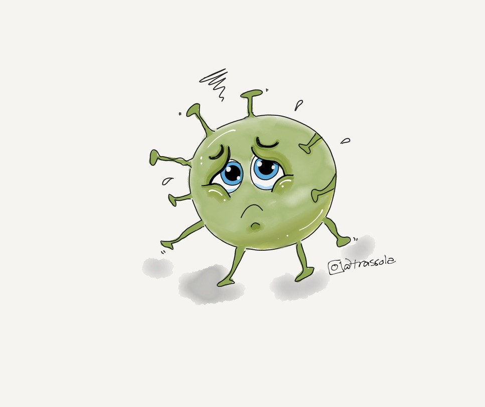 cartoon virus that looks kind of sad and lonely